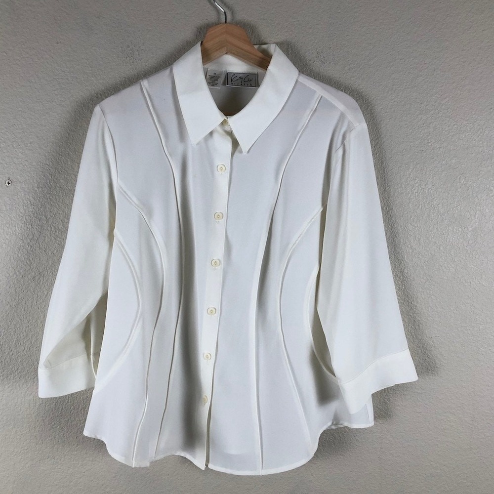 Kathy Che Tailored Shirt Women 16 Cream Button‎ Front Career Classic Business